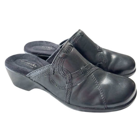 Clarks Bendables Black Leather Slip On Womens Size 7.5 Comfort Shoe Clogs Mule - Picture 1 of 7